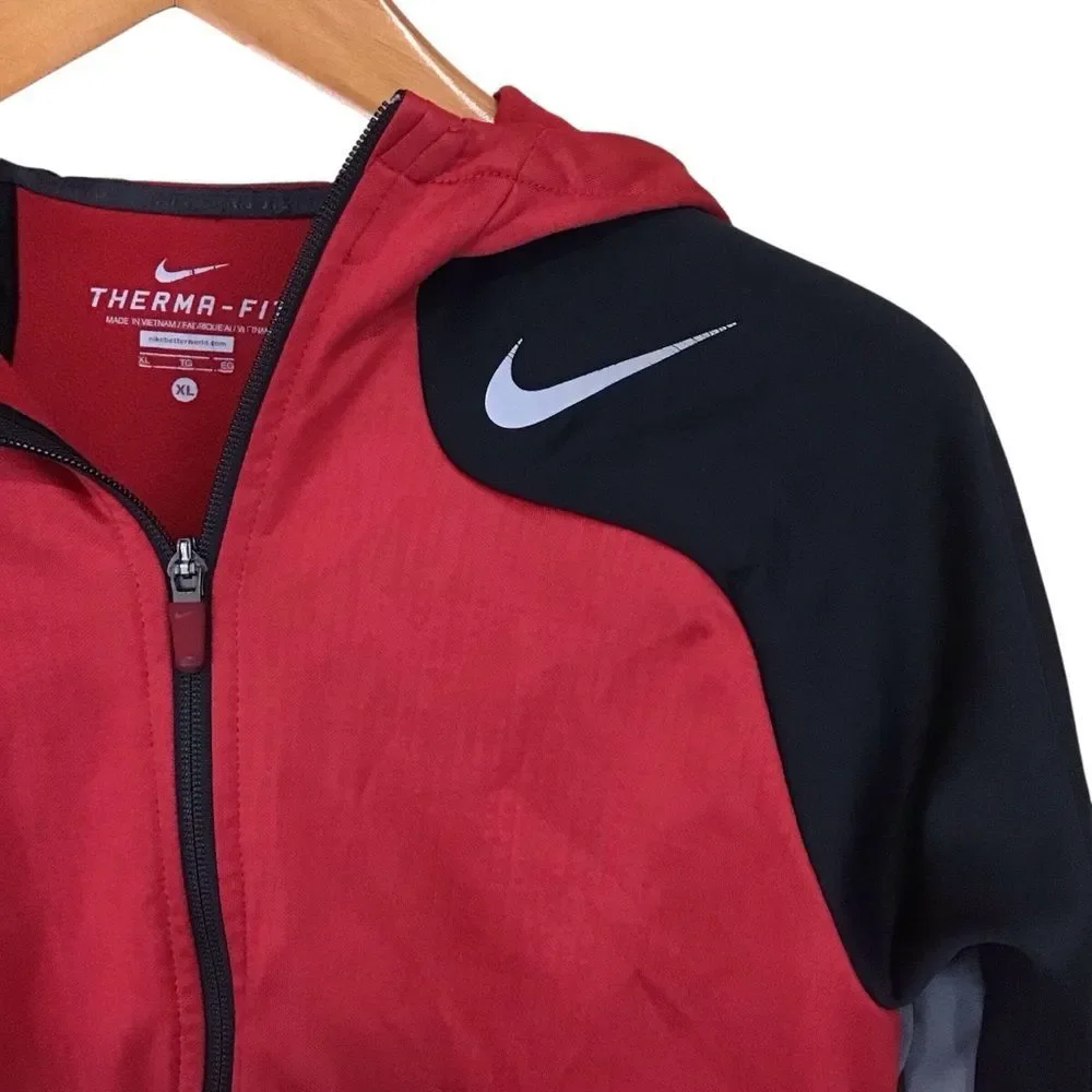 Nike Therma-Fit Jacket Boys XL‎ Red Black Hooded Full Zip